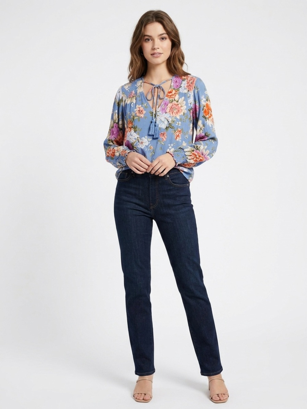 Blue Floral V-Neck Long-Sleeve Women's Top